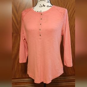 Chaps, Size "M/L" NWOT, coral button up knit blouse with lace insert.